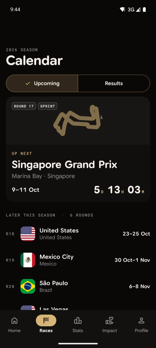 Team 44 on Android: the race calendar with upcoming rounds and results