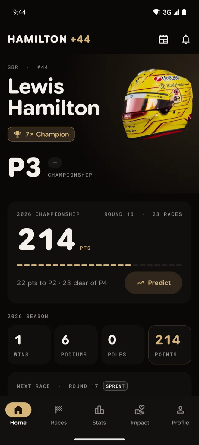 Team 44 on Android: the Home screen with the next race countdown and season points