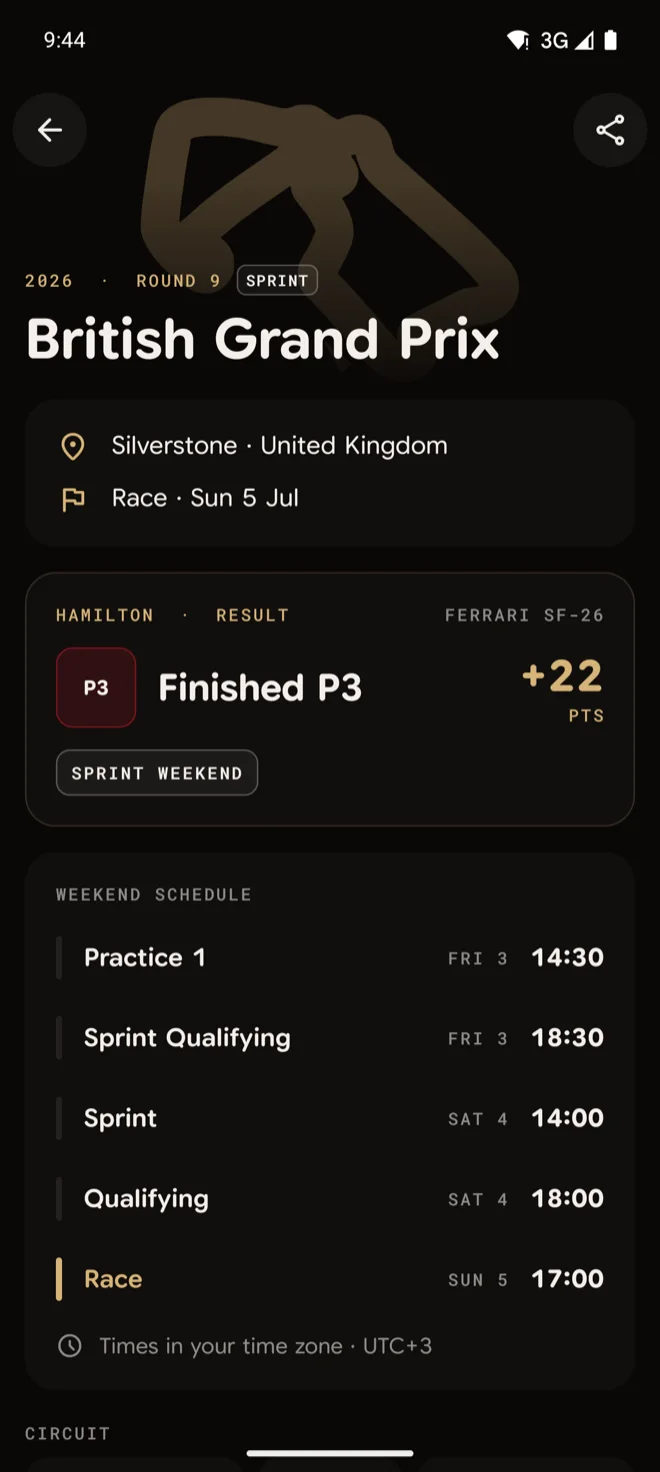 Team 44 on Android: a race detail page with the weekend schedule and result