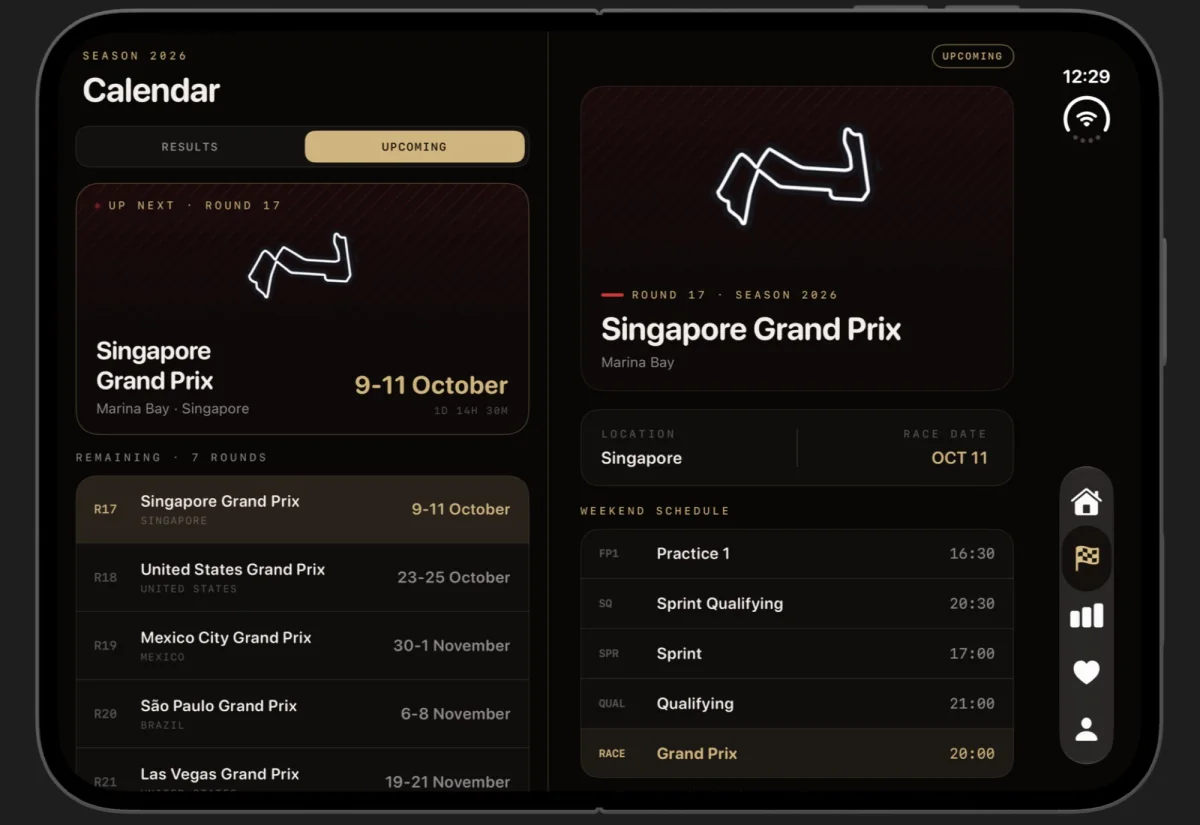 Team 44 on an open iPhone Duo: the race calendar on the left and the Singapore Grand Prix weekend schedule on the right