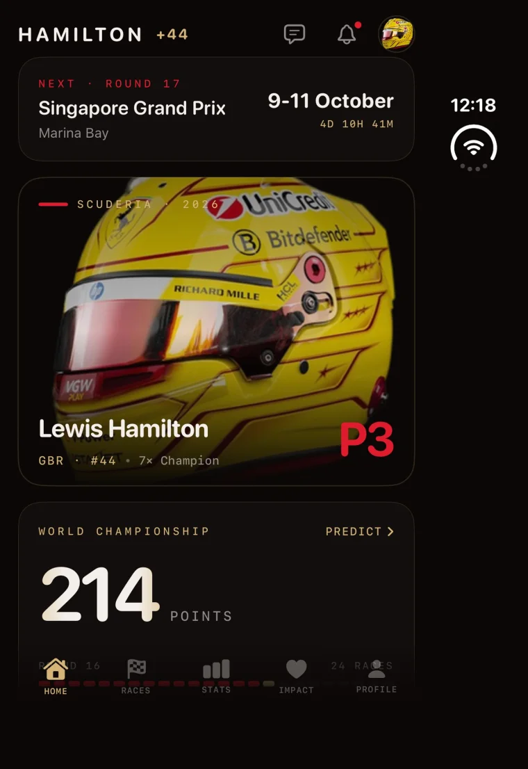 Team 44 on iPhone Duo: the Home screen with the next race, Lewis Hamilton's position and season points