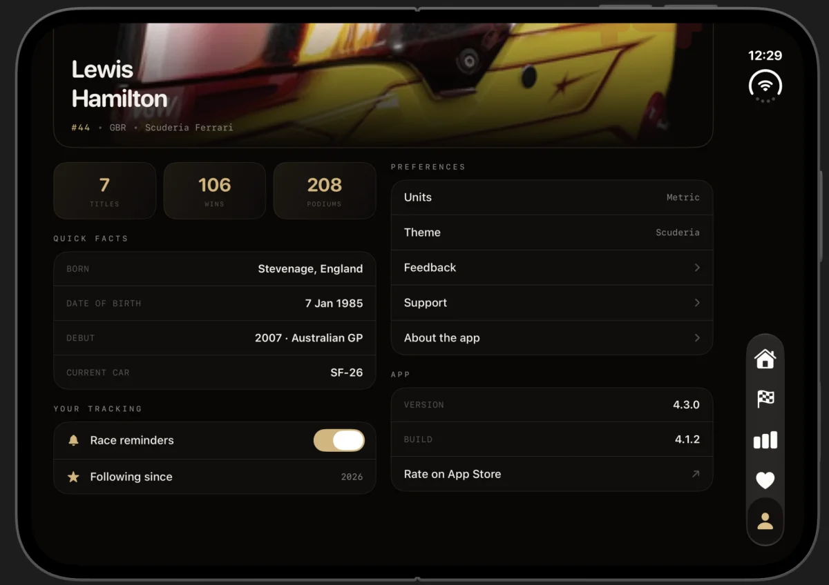 Team 44 on an open iPhone Duo: Lewis Hamilton's profile with career numbers, quick facts and preferences