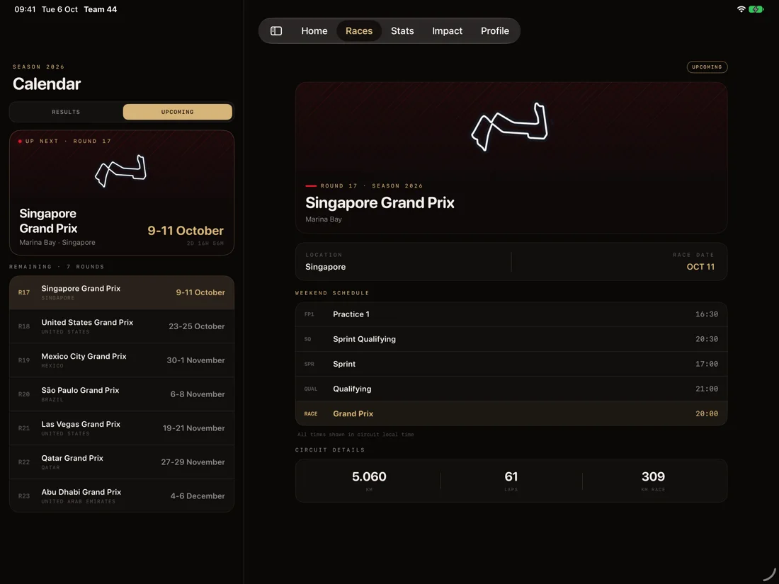 Team 44 on iPad: the race calendar with upcoming rounds and results