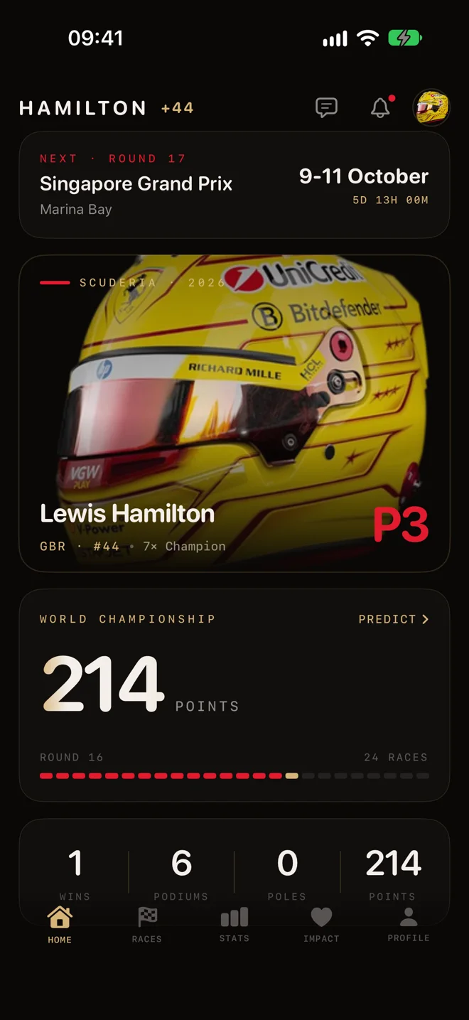 The Team 44 Home screen on iPhone, showing the next race countdown and season points